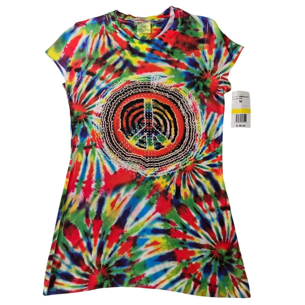 Love Rocks NWT Peace Sign Tie dye t-shirt Juniors Medium multi-color red blue